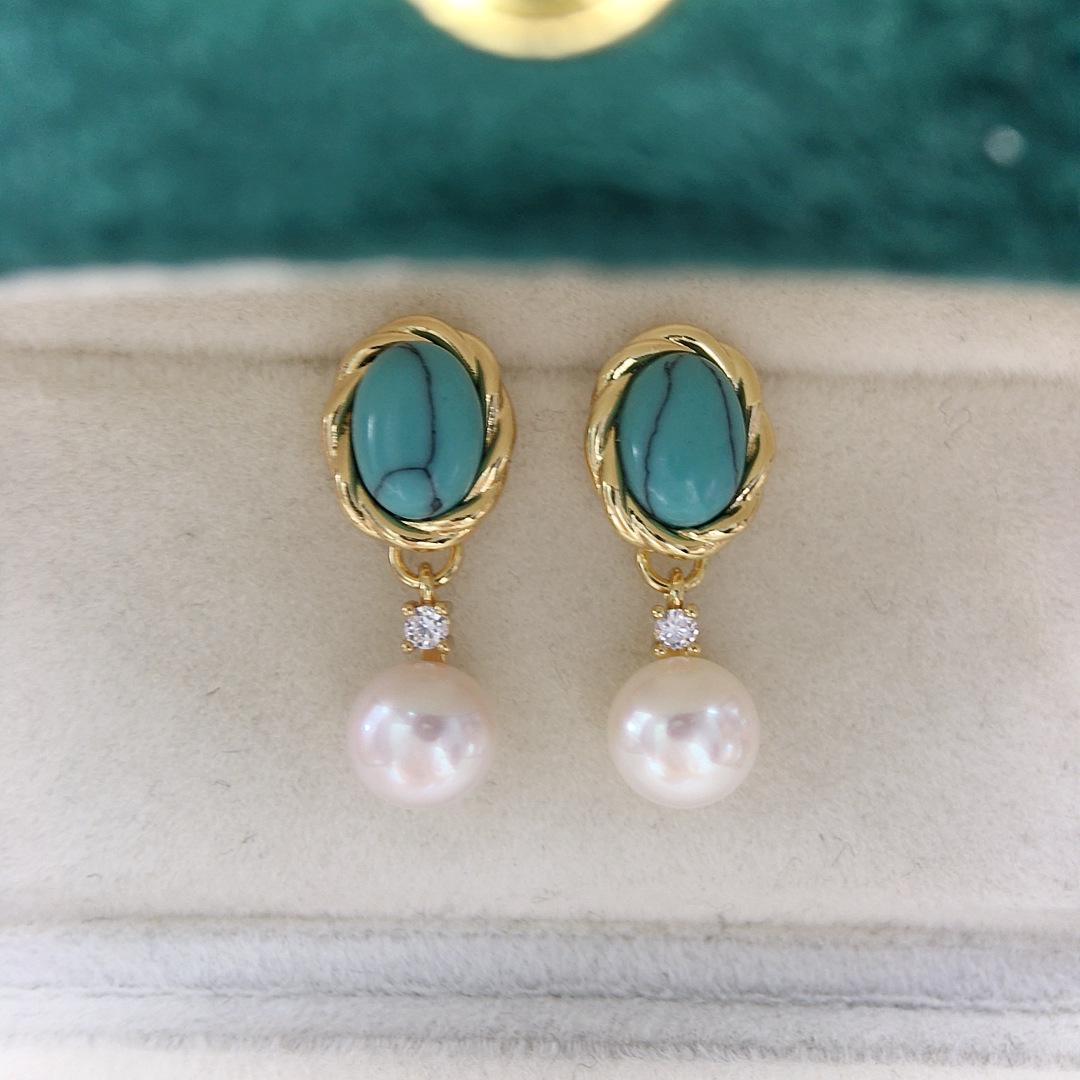 Серьги с натуральным пресноводным жемчугом и бирюзой - Ретро-королевский стиль белый