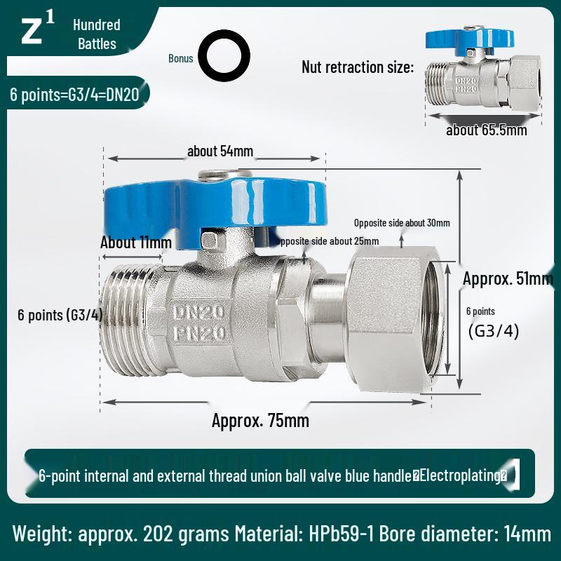 Full Copper Water Heater Union Ball Valve, Male/Female Thread, 6 to 4 Points Large Flow for Wall-Hung Boiler
