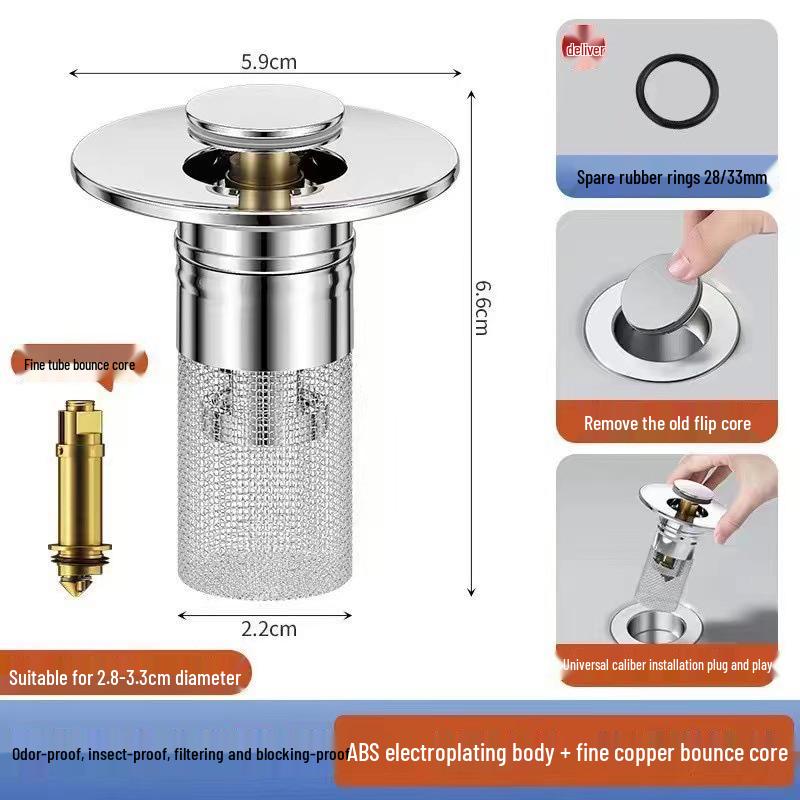 Universal Anti-Clog Push-Type Wash Basin Drain Filter and Deodorizing Stopper