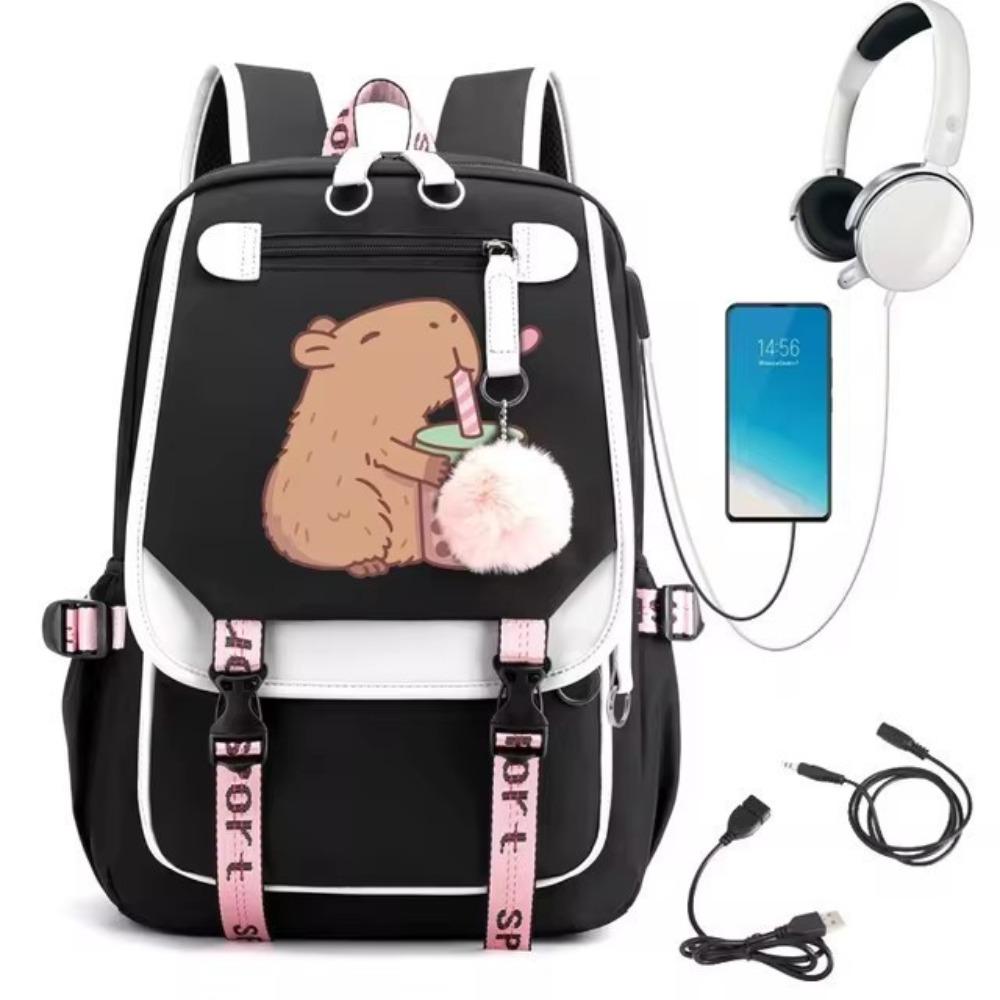 Cute Cartoon Pattern Capybara Drinking Milk Tea Printed Schoolbag Middle and High School Students High School Large Capacity Schoolbag Travel Bag
