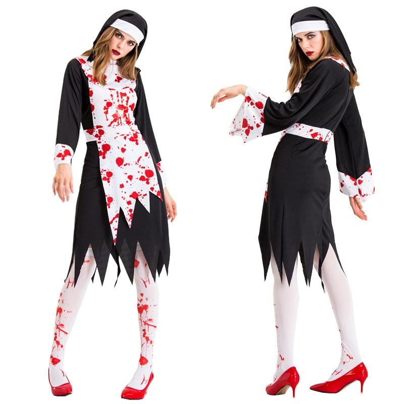 Halloween Black Vampire Zombie Costume, Nun Priest Zombie Character Uniform Stage Costume