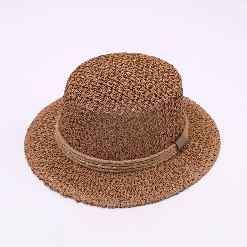 French fashionable handmade straw hat women's summer versatile flat top top hat hemp rope decorative beach sunshade photo hat