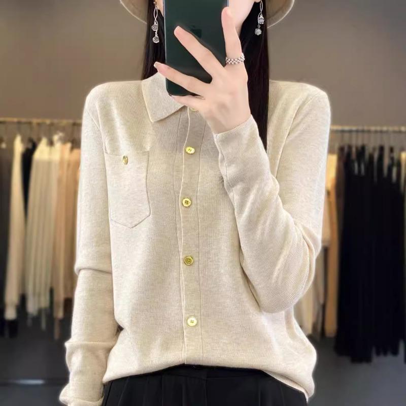 Autumn New Polo Neck Sweater Cardigan Button Niche Design Outside Wear Long Sleeve Knitted Bottom Top