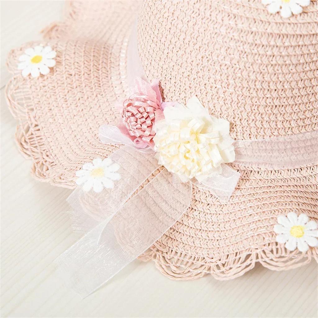 Girls' Straw Hat Bag Matching Travel Sun Hat Flower Children's Sun Hat Outdoor Fashion Fisherman Hat Sunscreen Hat Amagi