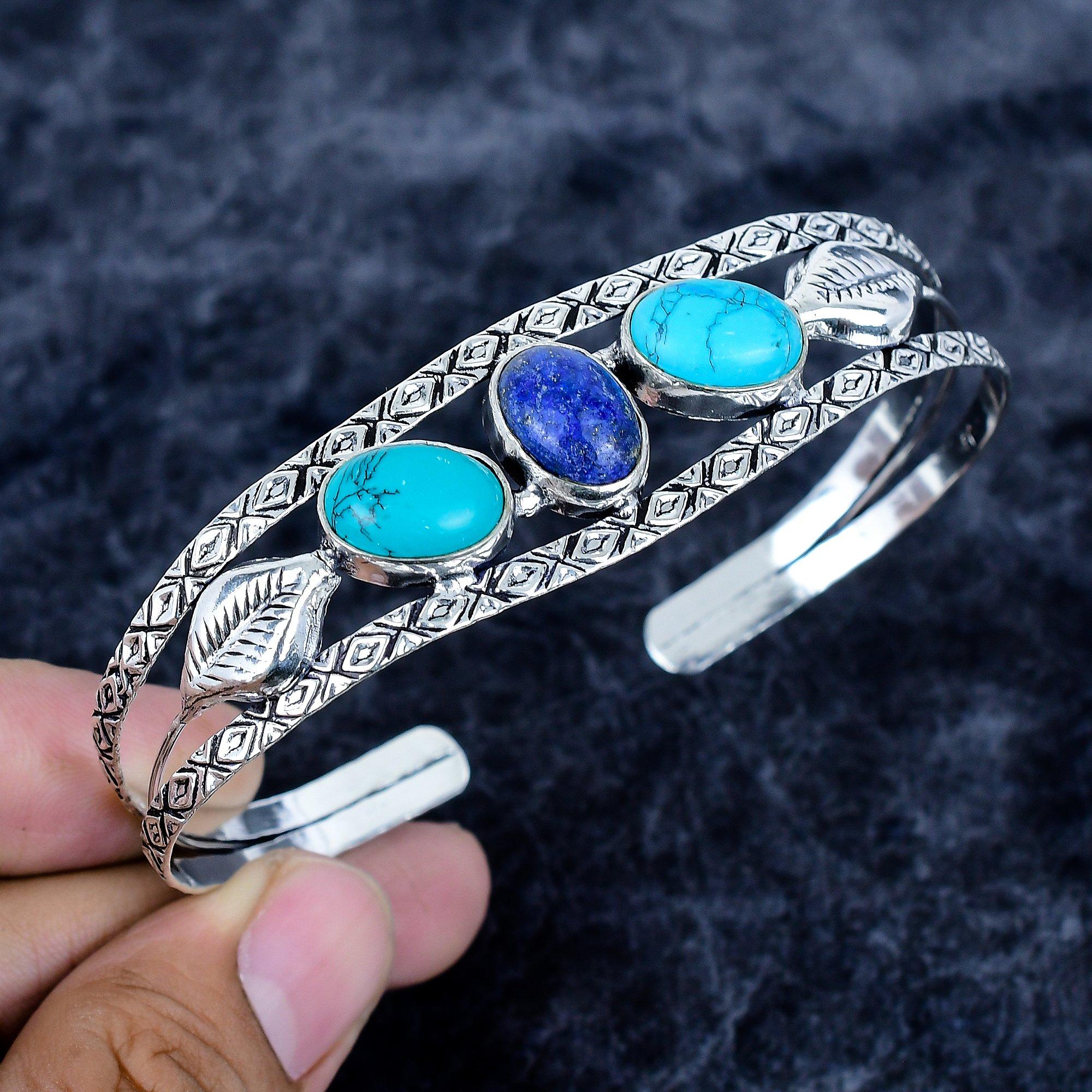 

Lapis Lazuli, Turquoise Gemstone 925 Sterling Silver Cuff Bangle Adjustable MM-3498