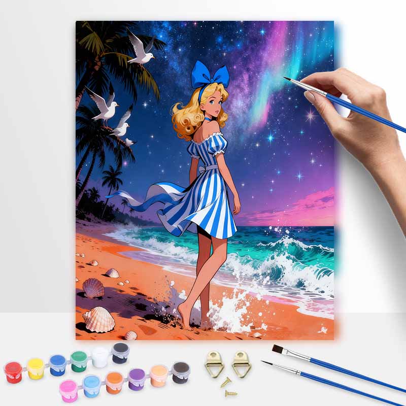 Disney Alice Beach Painting Kit Decoration Classic Style Home Decor, Vibrant Aurora Ocean Starry Night Scenery DIY Art Supplies Gift