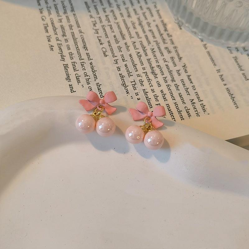 Super Sweet Pink Bow Earrings S925 Silver Needle Sweet Girl Heart Candy Bead Earrings Summer Fresh Earrings