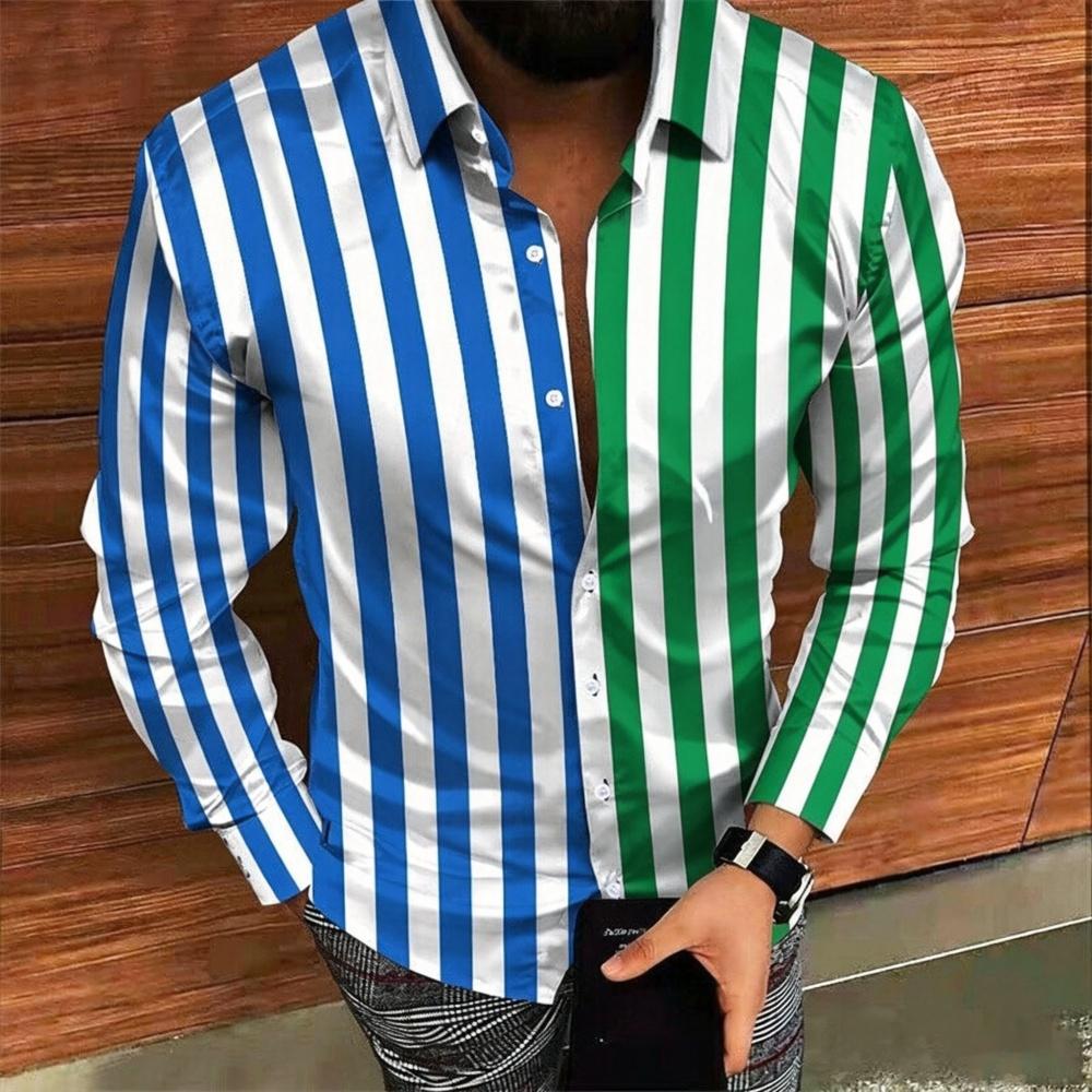 Men's Striped Long Sleeved Shirt 3D Digital Print Lapel Button up High-Quality Business Casual Clothing for Men