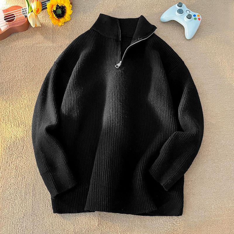 Zipper Korean Style Men's High Neck Pullover Sweater - Autumn/Winter Trendy Knitwear with Soft Texture.