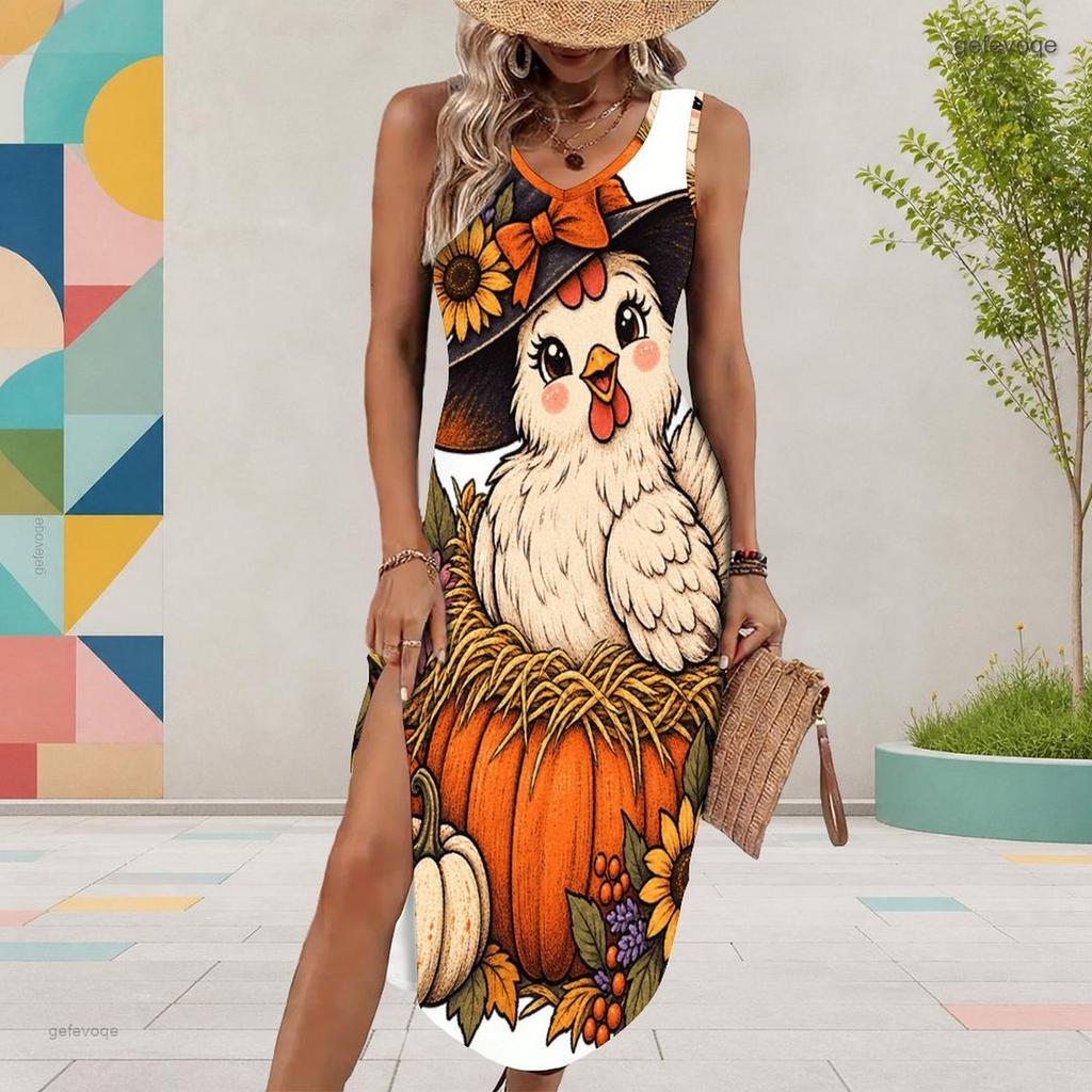Women Plus Size White Sleeveless U Neck Halloween Ghost Pumpkin Printed Dress High Side Slit Curved Hem