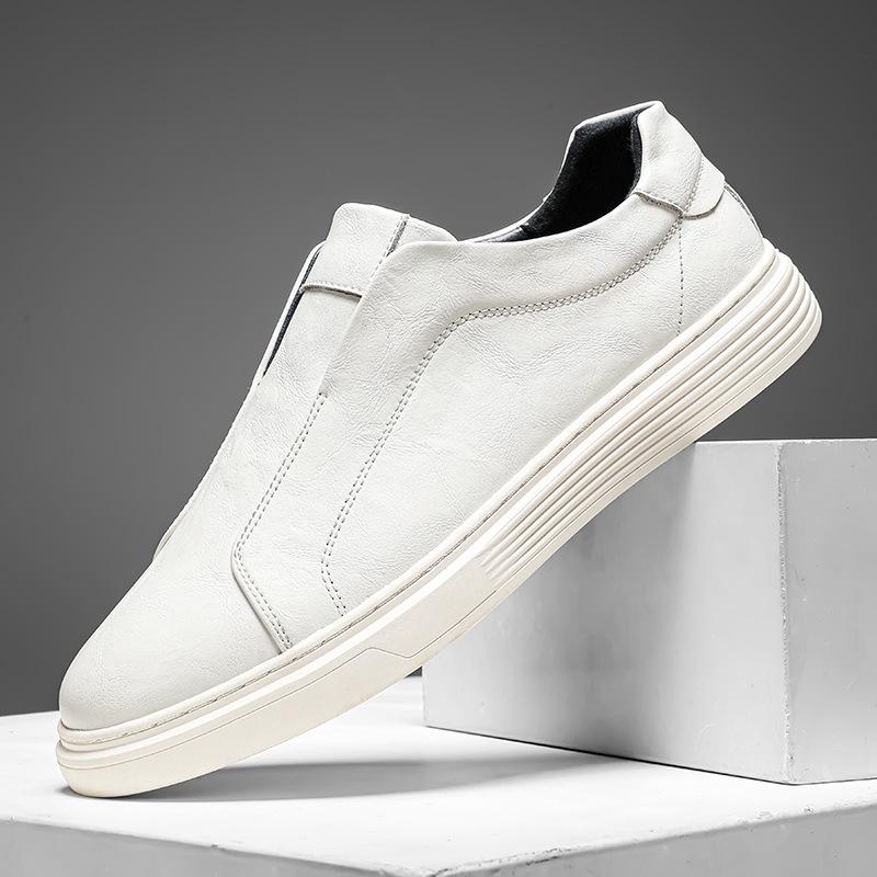 Men's Casual Slip-on Leather Loafers - British Style, Elastic Band, Versatile Youthful Design, White.