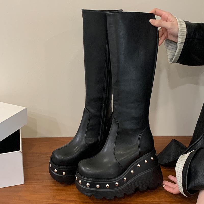 

Женские ботфорты до колена из мягкой кожи на платформе с круглым носком, длинные туфли, женские мотоботы на высоком каблуке, элегантные женские ботинки 43