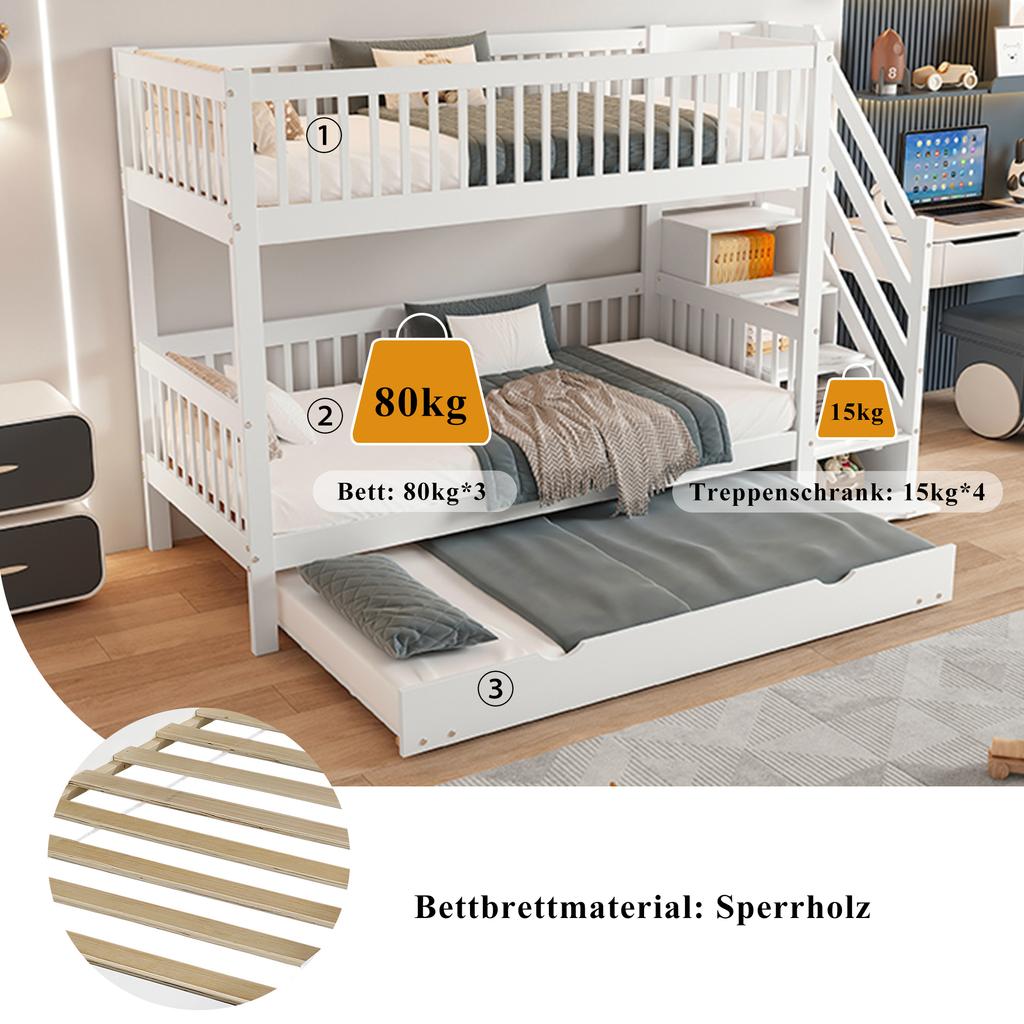 [53133456WAA]Etagenbett mit Ausziehbett, Schrank mit Leiter und Handlauf, Absturzsicherung an allen Seiten, Kiefer+MDF, Weiß, 90x200/190cm
