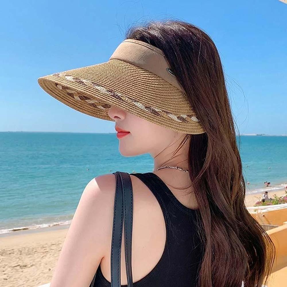 Solid Color Wide Brim Woven Cap Breathable Sunscreen Empty Top Hat Summer Straw Visor Cap Summer