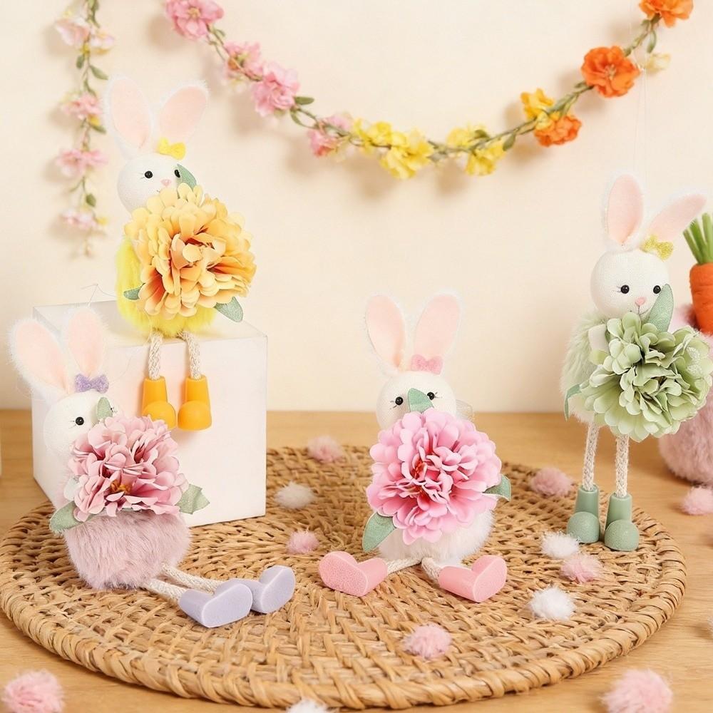 Cartoon Flower Rabbit Figurine Long Legs Easter Bunny Doll Easter Bunny Ornament Holiday Decor