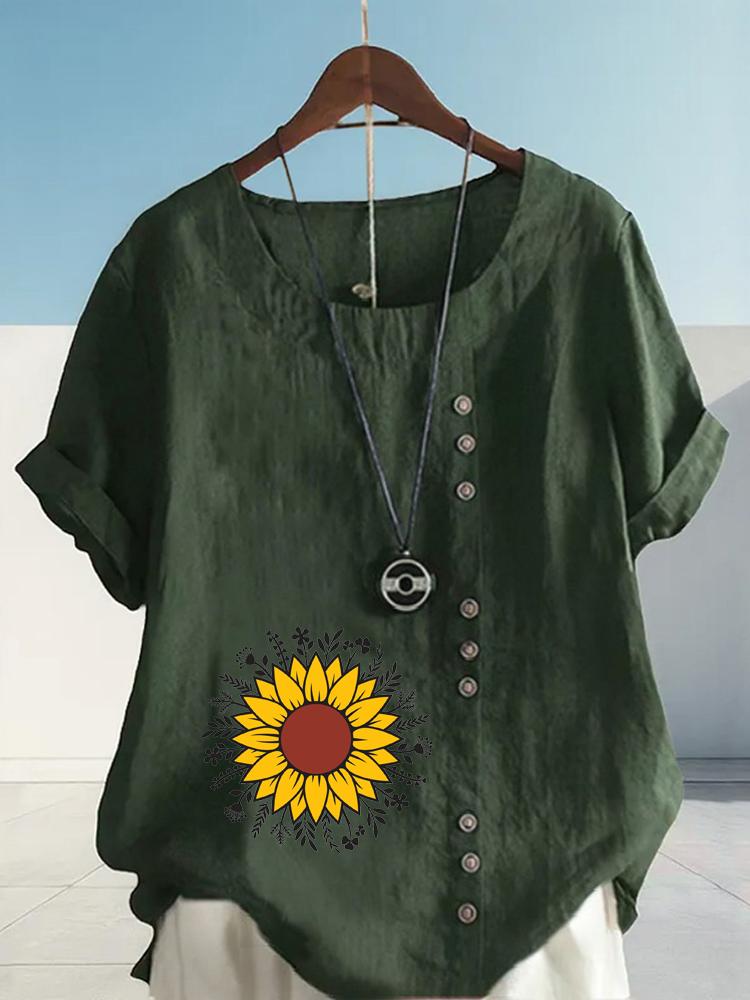 Women's Fashion Sunflower Flowers Print Shot Sleeve T-shirt Loose Cotton Shirt Casual Loose Summer Blouse Tops Plus Size