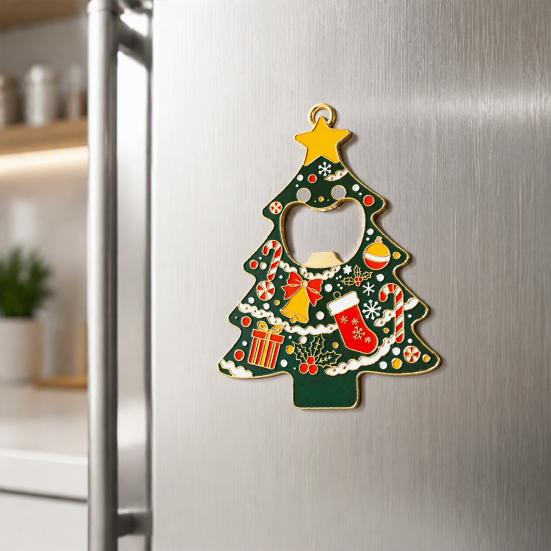 Holiday Party Gift for Friends Christmas Tree Bottle Opener, Metal Beer Cap Opener with Magnet Solid Fridge Sticker, Festive Kitchen Decor,