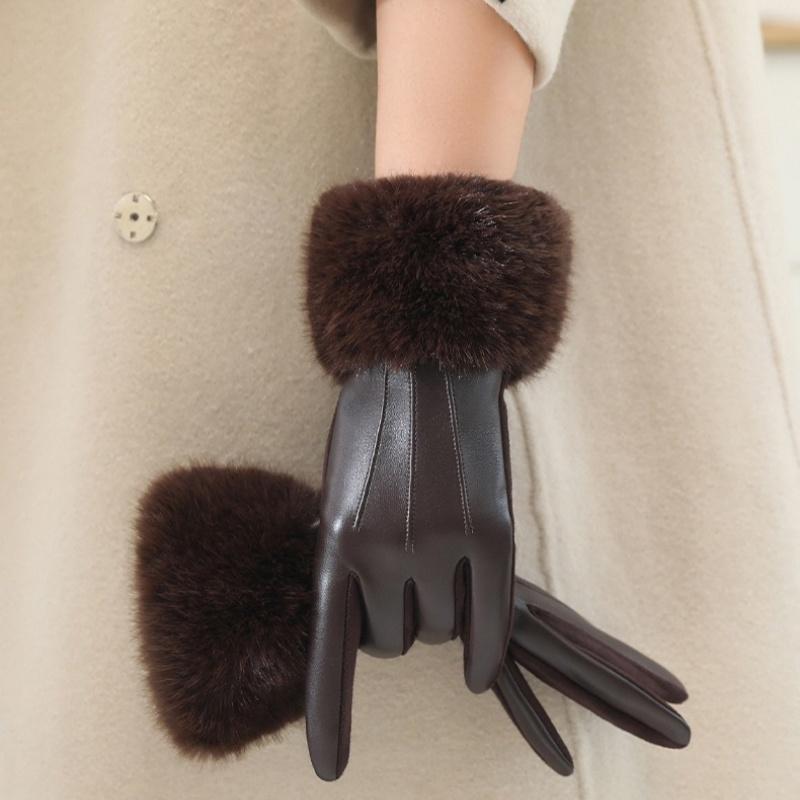 Luxury Winter Ladies Gloves Soft Faux Fur Trimmed Cuffs Warm Thick Windproof Gloves Outdoor Elegant Gloves Winter Accessories