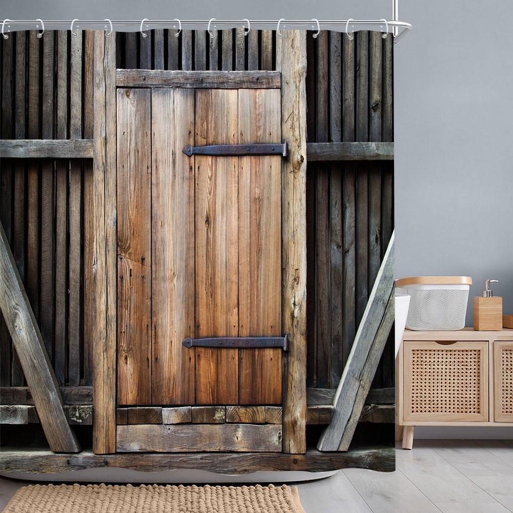 Retro Rustikale Holztüren Duschvorhänge Vintage Bauernhaus Scheune Alte Tür Heimdeko Wasserdichtes Polyester Badezimmer Vorhang Set