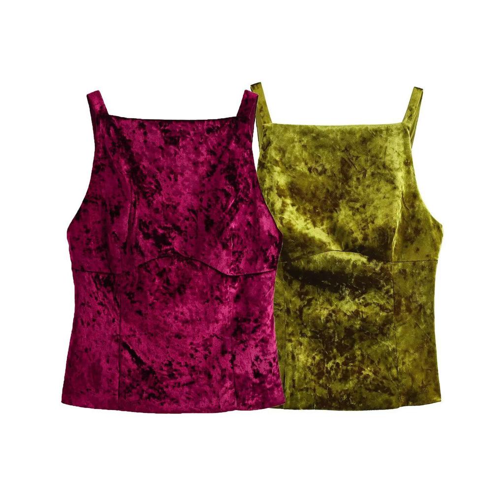 Winter 2024 Pleated Velvet Halter Neck Backless Camisole - European & American Style