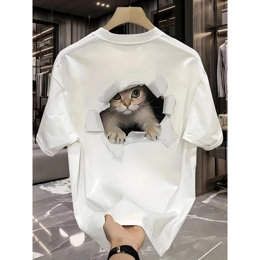 Men's Summer 100 Cotton Fashionable Casual Loose Large Size 3D Cat Pattern Printed Sports Round Neck Short Sleeve T-shirt Top