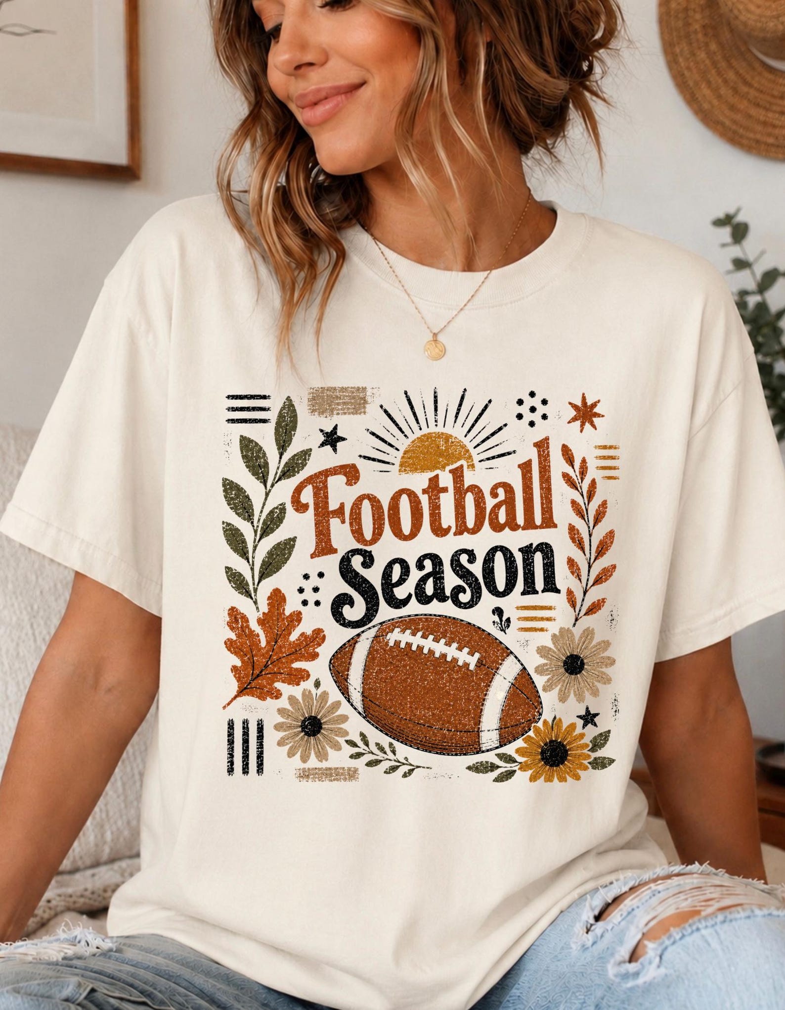 Football Season Womens T-shirt, Boho Sports Tee, Retro Fall Football Graphic Tshirt, Football Mom Shirt, Womens Sports Top S