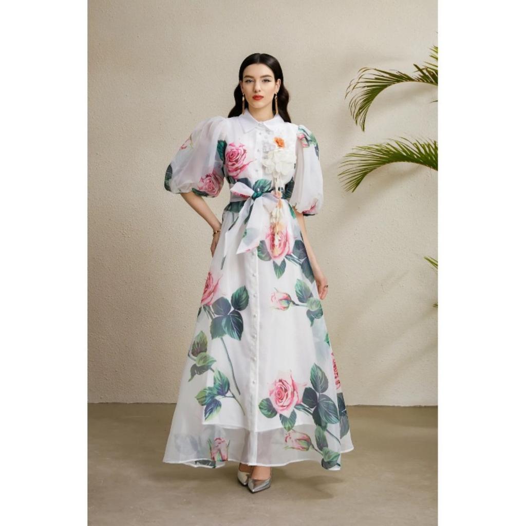 Women's Turn Down Collar Short Sleeve Maxi Dress Slim Fit Mid Waist Elegant Floral Print Shirt Dress
