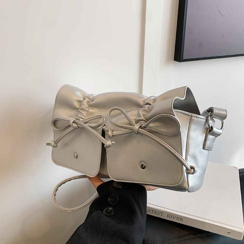 Womens Aesthetic PU Leather Underarm Bag Pleated Sweet Bowknot Shoulder Crossbody Bag Adjustable Armpit Handbag Purse