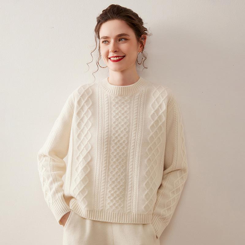 Women's Loose Fit Round Neck Cashmere Sweater: Thick Warm Cable Knit Pullover, Pure Color Korean Style.