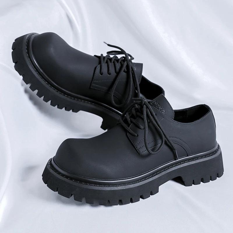 Fashion Brand Men's Lace Up Oxford Shoes Thick Sole Business Wedding Shoes Round Toe Green Sole Platform British Outdoor Casual Shoes