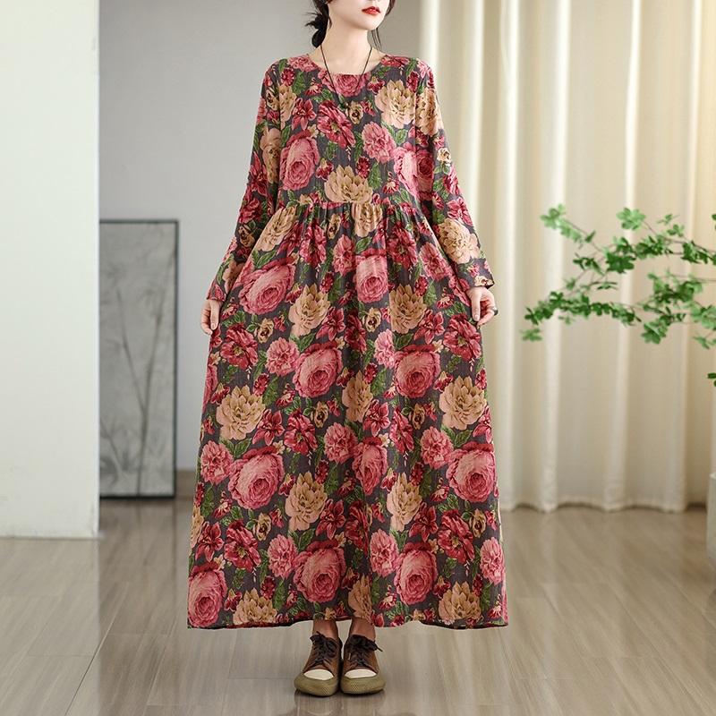 Long sleeve plus size cotton vintage floral new in dresses for women casual loose spring summer autumn dress