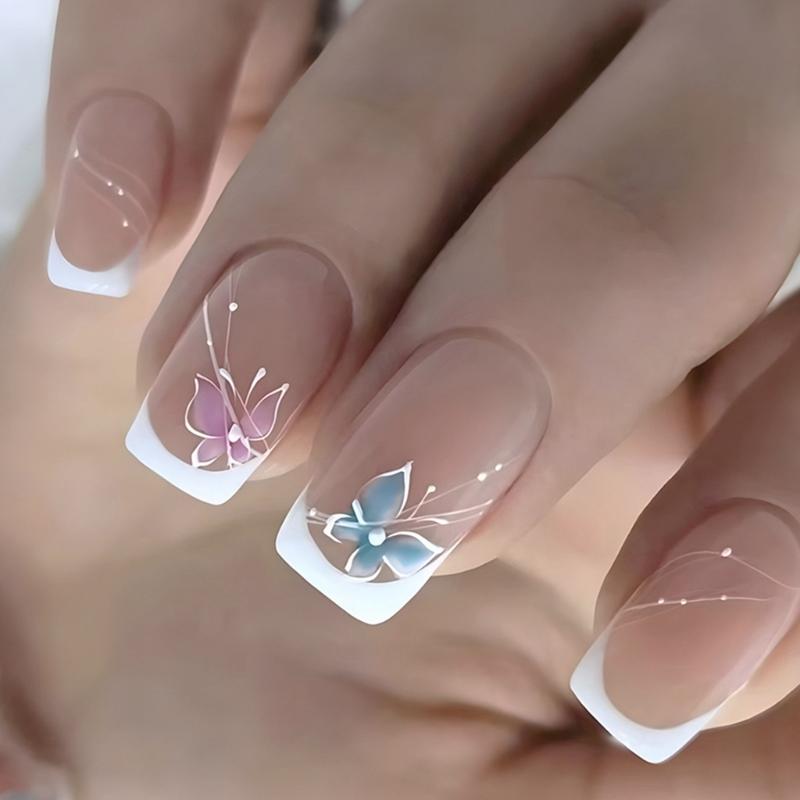 

Pack Of 24 French Butterfly Nail Art Tip Fake Nail Elegant Design For Instantly Application Natural White Effect 1
