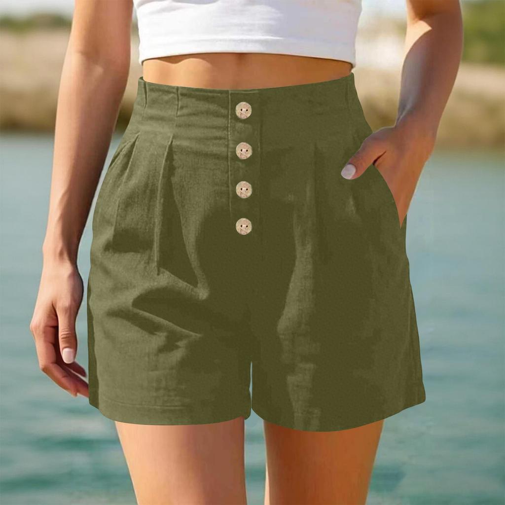 Women High Waist Casual Shorts Button Front Loose Fit Summer Beach Shorts with Pockets for Daily Wear and Relaxed Outings