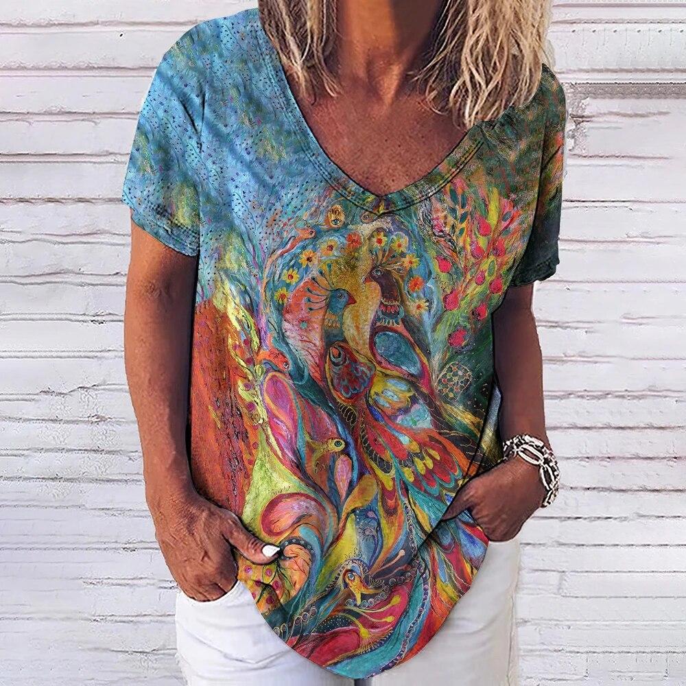 

Женская футболка с 3D принтом Феникса, летние футболки с v-образным вырезом и короткими рукавами, женская модная женская одежда, крутой уличный пуловер в стиле Харадзюку 6XL