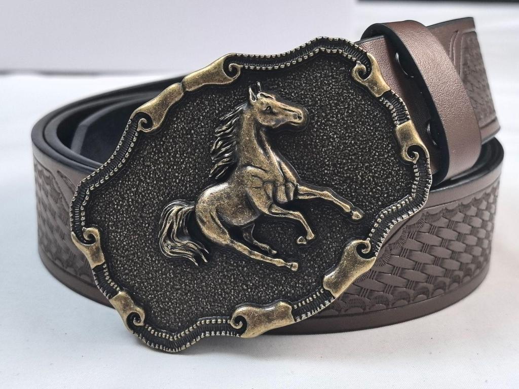 Men's Fashionable Denim Belt with Embossed Horse & Floral Design – Retro Casual Leather Accessory