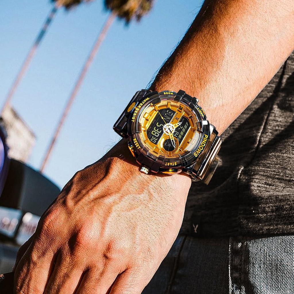 PINDOWS Military Outdoor Sports Electronic Date Multifunction LED Alarm 50m Water Resistant Analog Digital Display Men's Watch, Watch, Watch, Display,