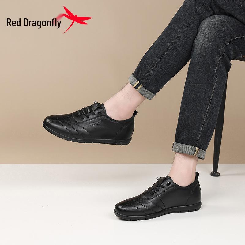 Red Dragonfly Men's Waterproof Black Leather Casual Sports Shoes, Non-Slip, Soft Sole for All Seasons