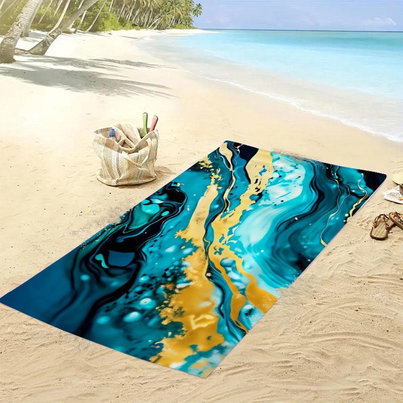 Abstract Fluid Marble Beach Towel - Deep Teal Blue Gold, Quick-Dry Microfiber, Luxury Towel for Pool Swimming Camping