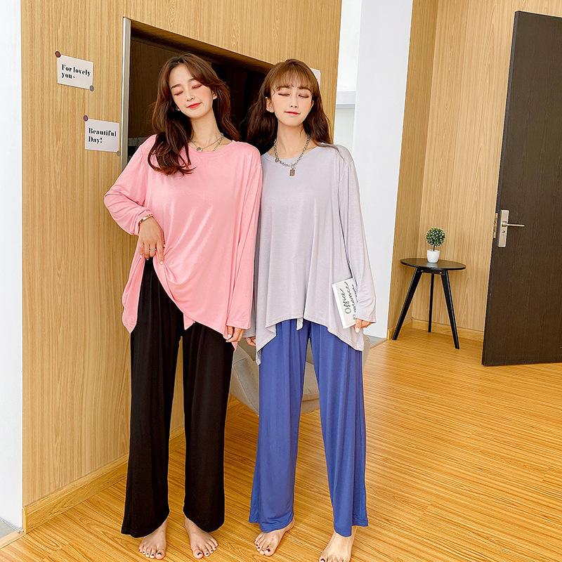 Plus Size Color-contrast Modal 2pcs Homewear Set Long Sleeve Tshirts and Wide Leg Pants Women Loose Pajamas Sets Streetwear Comfort Clothing