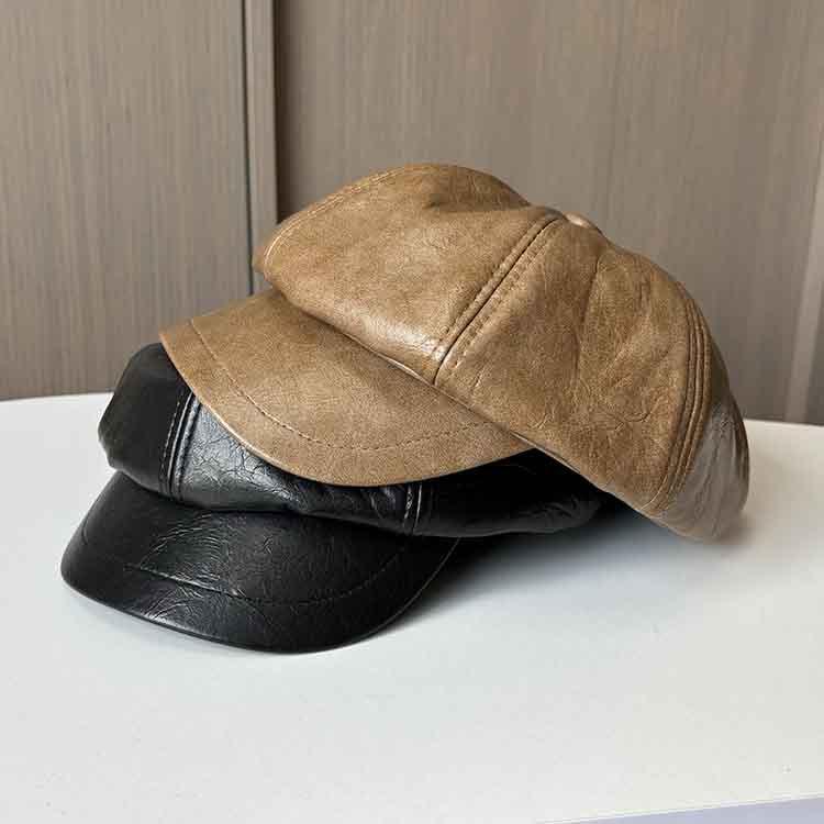 Spring and Autumn New PU Leather Octagonal Hat Children's Fashion Casual Face Small Peaked Hat Retro British Painter Hat Tide