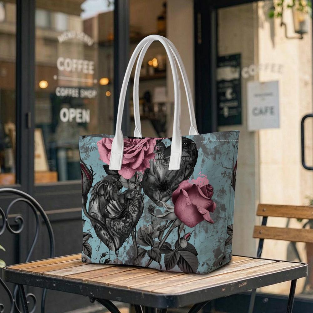 Gothic Heart Rose Tote Bag Vintage Floral Shoulder Handbag for Daily Use