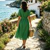 Women Casual Loose Fit Vintage Style Cotton Linen Short Sleeve V Neck Tie Waist Midi Dress for Everyday Wear Summer