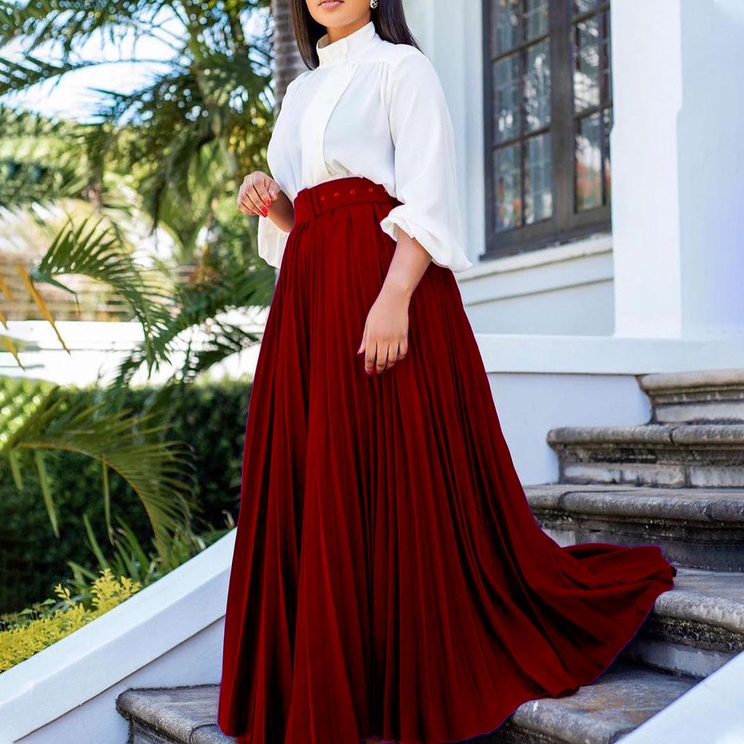 

Elegant Pleated Belted Skirt for Women – European and American Style S