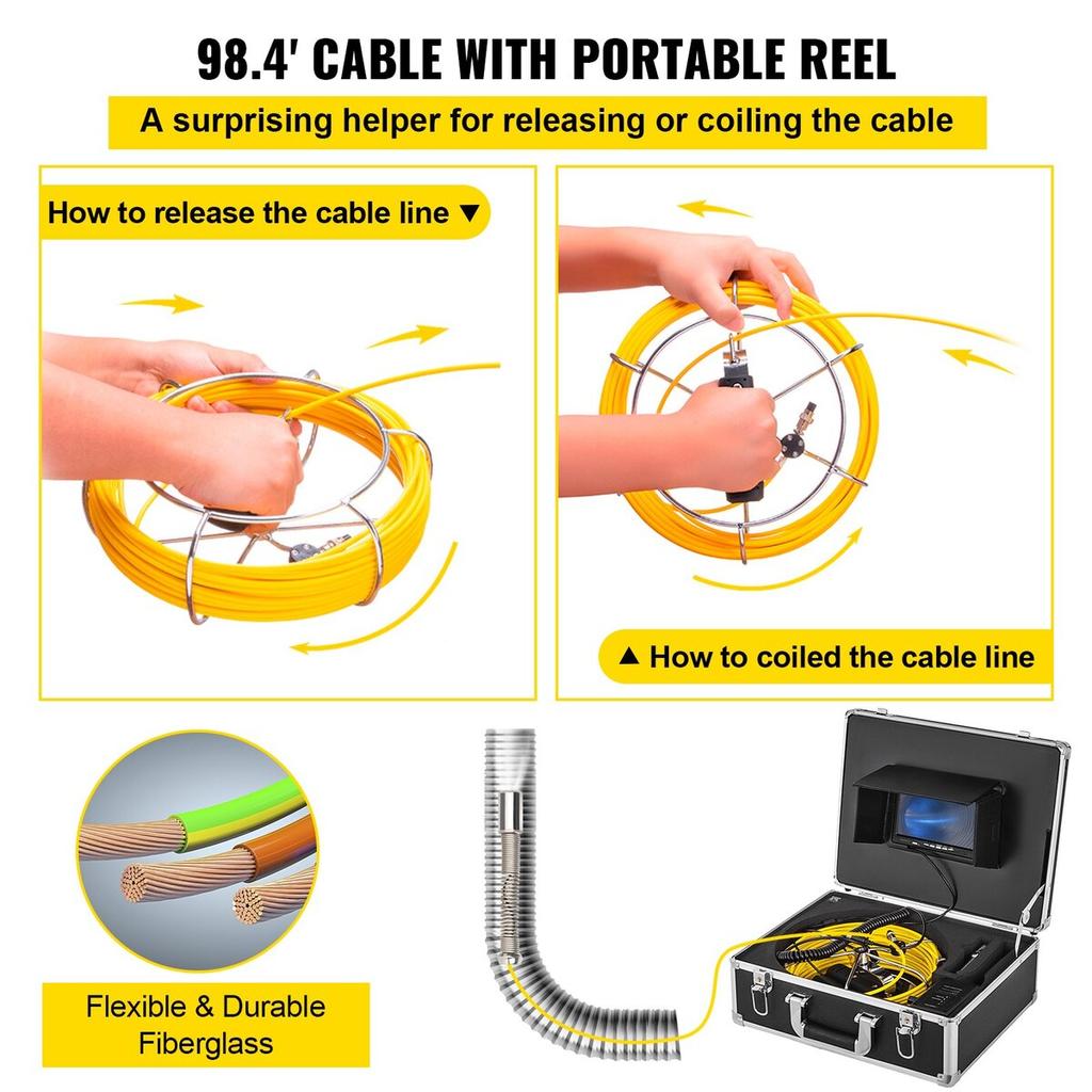 30M Sewer Inspection Video Camera 7” Monitor Pipeline Inspection Camera Drain Camera Industrial Endoscope HD DVR Recorder with 8GB Card