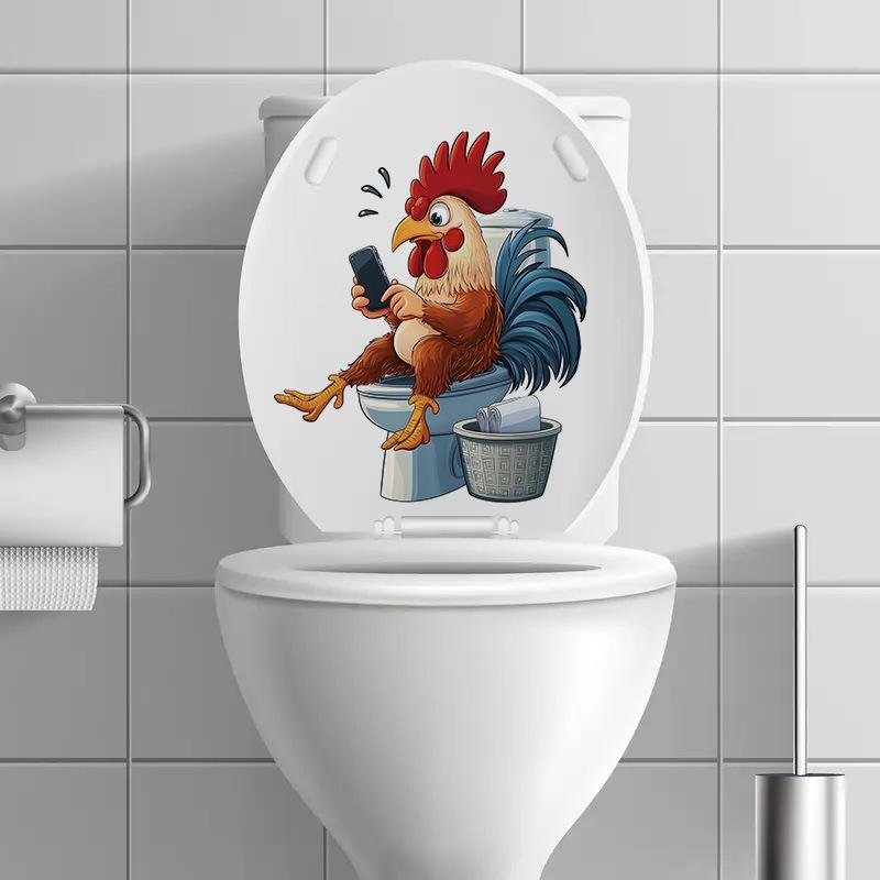 Coq de dessin animé drôle jouant au smartphone Sticker mural de toilettes Auto-adhésif Imperméable Amovible Décoration murale de salle de bain Maison Art