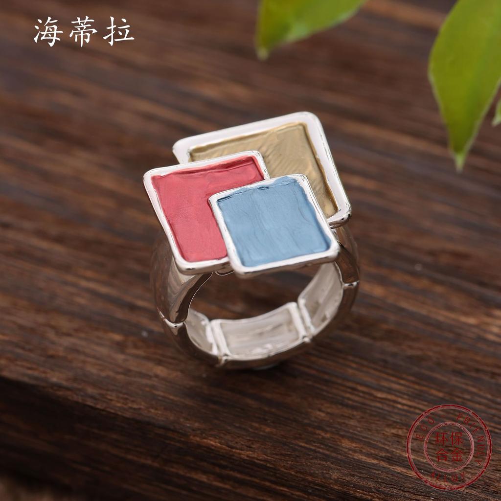 Irregular Square Splicing Alloy Ring, Colorful Oil Trend Women's Elastic Ring