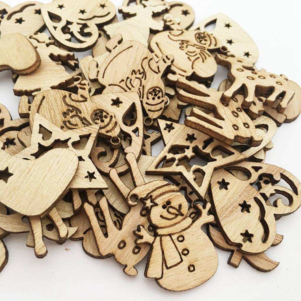 50Pcs Christmas Tree Wood Ornaments Cartoon Card DIY Party Decoration Santa Claus Snowflake Home Craft Supplies