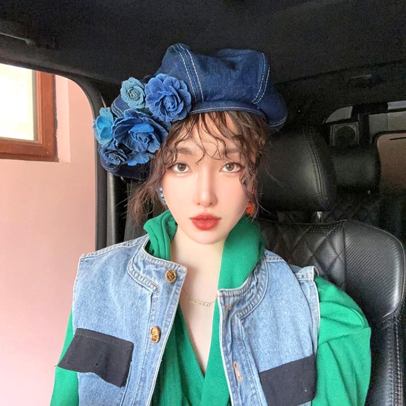 1PC Woman Vintage Blue Camellia Elegant Trendy Fashion Denim Fabric Painter Cap Beret