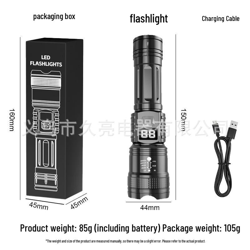 White Laser Flashlight with Telescopic Focus, LCD Display, Long Range, Rechargeable Battery, and Emergency Features