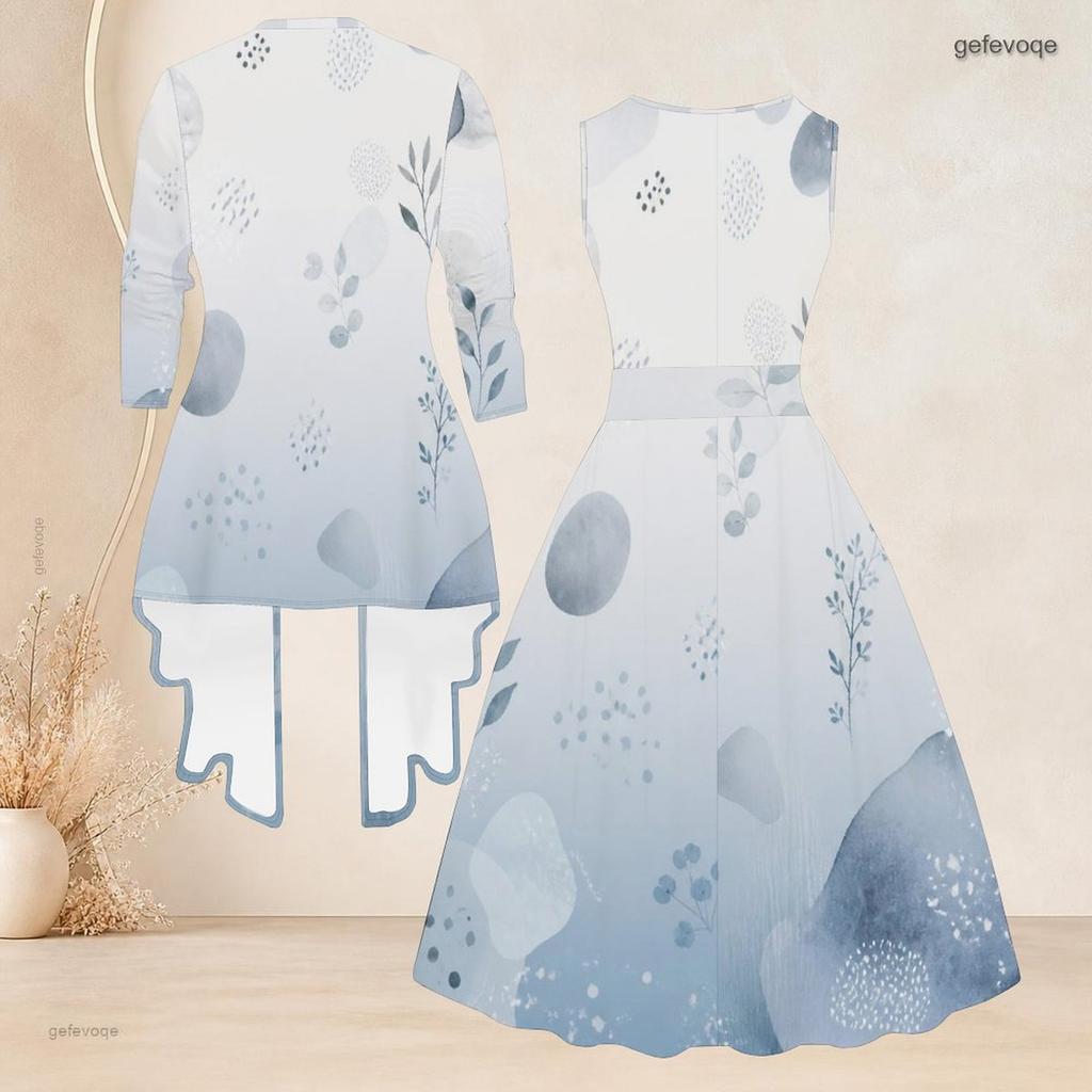 Women Plus Size Two Piece Set Round Neck Sleeveless Tie Waist Flared Dress 3 4 Sleeve Printed Cardigan